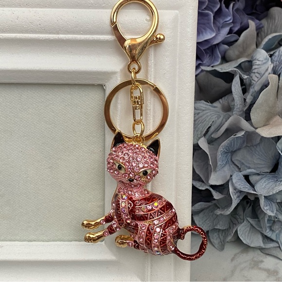 Pink Striped Crystal Egyptian Tabby Cat Keychain Charm - Picture 3 of 16